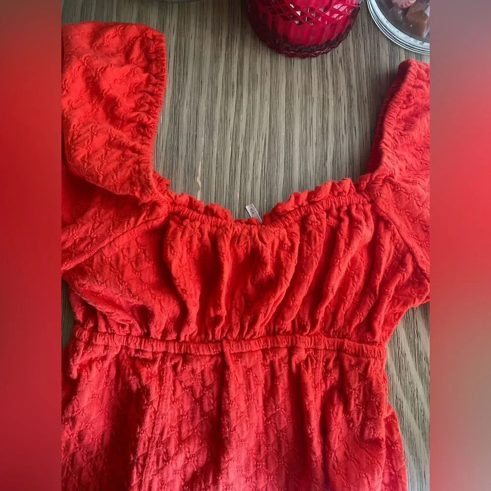 Free People Crop Top Womens  Orange  Blouse Long Sleeve Sz M Buttons